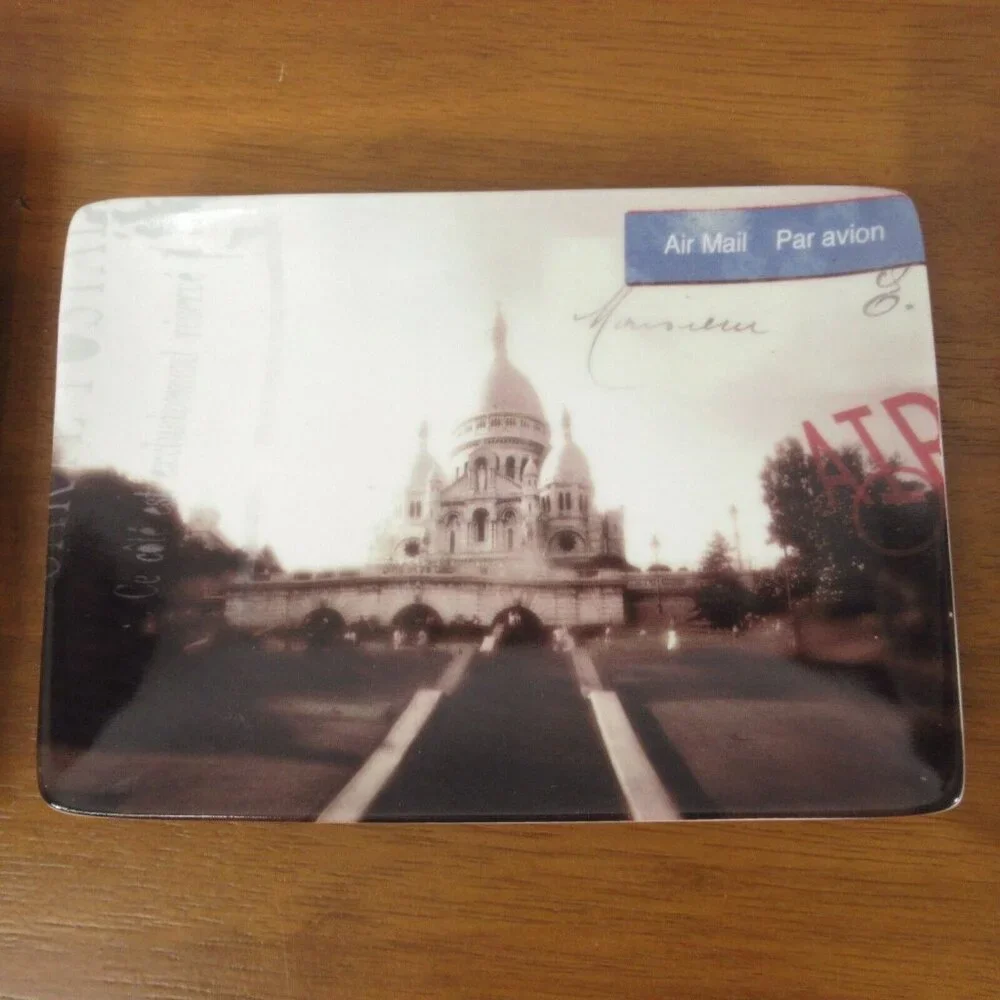 Restoration Hardware 3 Appetizer Plates Paris Theme Trinket Dish Carte Postale